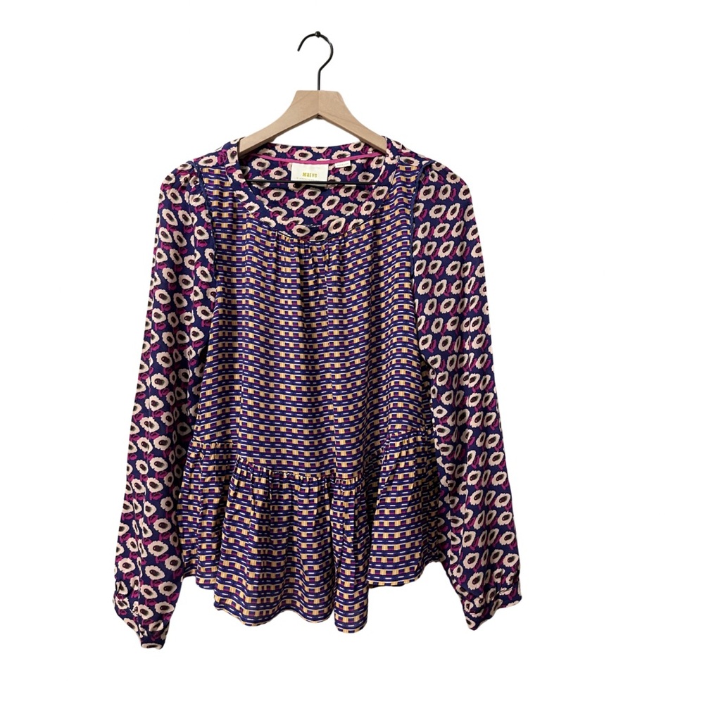 Maeve Anthropologie Multi-Color Flare Purple Patterned Top Size Medium